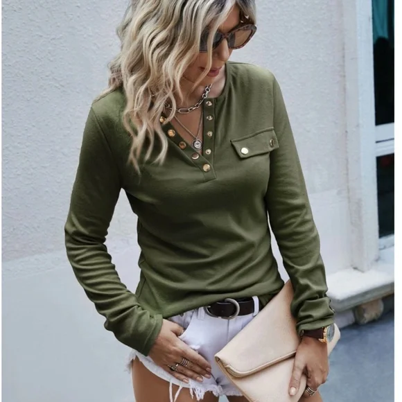 Button Detail V-Neck Long Sleeve Army Green Front Pocket Tee Shirt - Picture 1 of 7